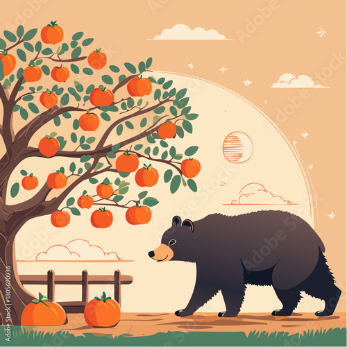 人里の柿の木に現れる熊のイラスト アーバンベアと社会問題  注意喚起