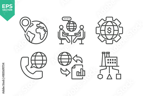 Set Of Global Business Icons. Outline Symbols Elements Collection.