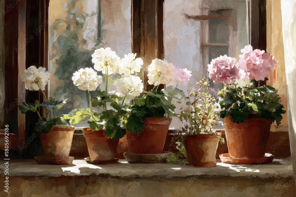 Fototapeta premium Sunlit Window Display - Geraniums in Terracotta Pots, Soft Light, Serene Scene.