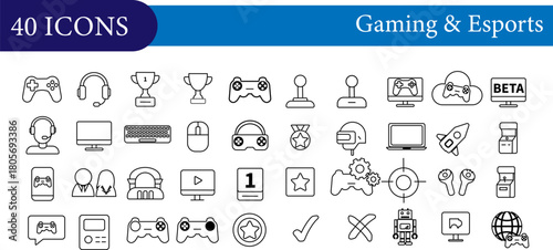 Gaming & Esports Icons – 40 Vector Symbols for Games, Streaming, Controllers, VR, and Competitive Esports