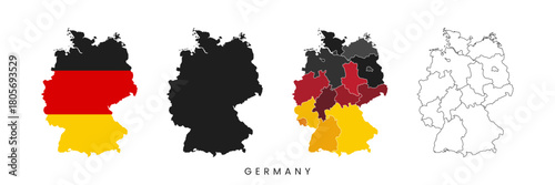 Germany Map Set with Flag, Regions, and Outline – Vector Illustration