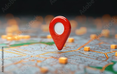 Fototapeta Naklejka Na Ścianę i Meble -  Red location pin hovering above a textured city map with orange roads and small cube markers, evoking focus, precision and discovery