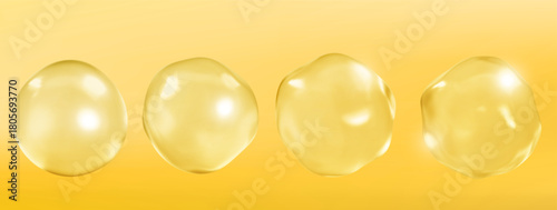 Collagen serum bubbles on yellow background. Cosmetic essence. Concept skincare cosmetics solution. Vector realistic illustration