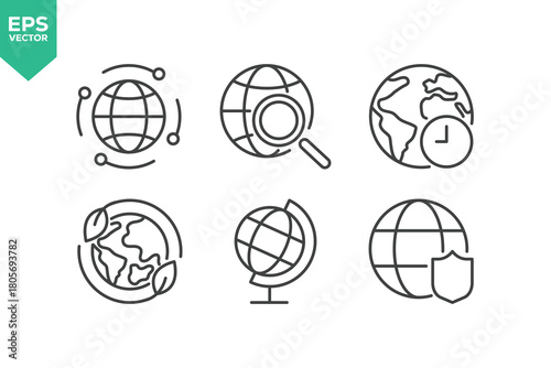 Set Of Global Business Icons. Outline Symbols Elements Collection.