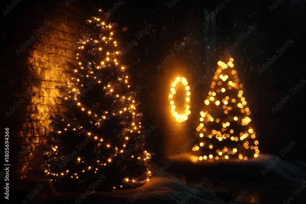 Naklejka premium Two illuminated evergreen trees with warm golden fairy lights and a glowing wreath against a brick wall, snow-covered ground, cozy festive nighttime scene