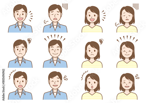 Color Emotional Expression Icon Set – 12 Facial Expressions for Men and Women