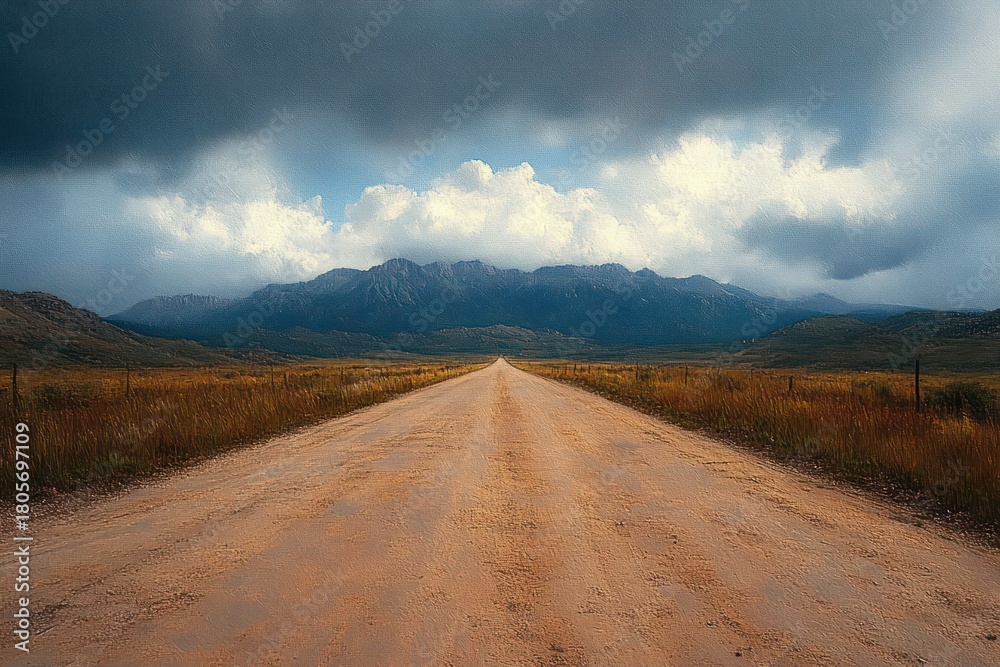 Fototapeta premium long straight dirt road stretching through grassy plains toward distant mountains under dramatic stormy clouds, evoking solitude and anticipation