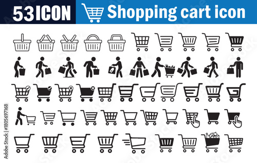 Shopping Cart, Basket & Discount Icon Set. Shopping cart, basket, bag icon set. Linear shop icon. Vector Illustration