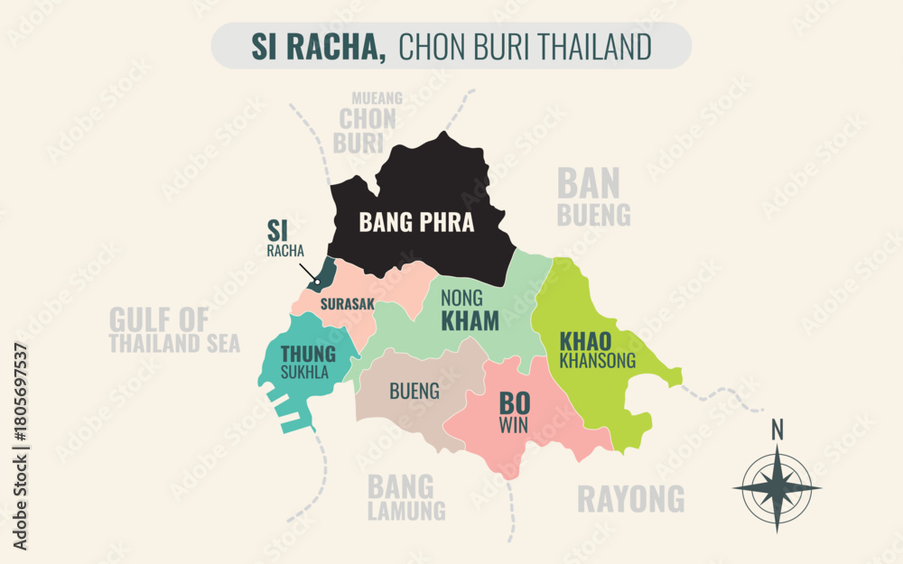Naklejka premium Map showing Si Racha District Chon Buri Thailand divided into sub-districts with minimalist colorful patterns