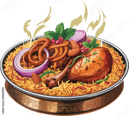 Traditional chicken biryani vector dish with rice fried onions almonds and mint leaves served in a metal bowl