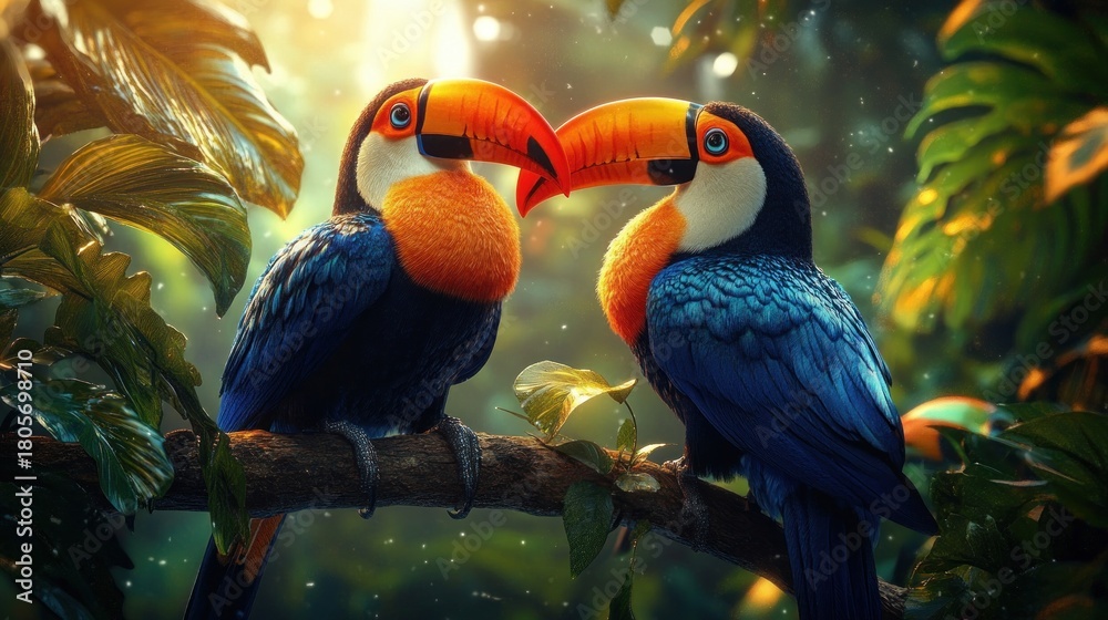 Obraz premium Two vibrant toucans with touching orange beaks perched on a mossy branch in a sunlit tropical rainforest, surrounded by lush green leaves and a tender, serene atmosphere