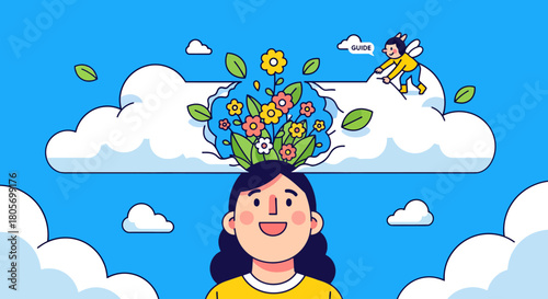 Nurturing the mind A woman's head blooms with fresh ideas and natural inspiration