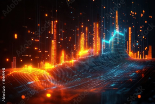 glowing neon city of vertical data towers rising from a flowing blue and orange digital grid with scattered light particles, futuristic energetic cyber skyline