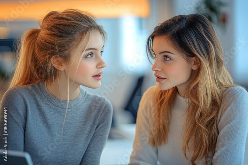 two young women with blonde hair, one in a ponytail, in casual sweaters leaning in during an attentive friendly conversation in a softly lit modern indoor setting