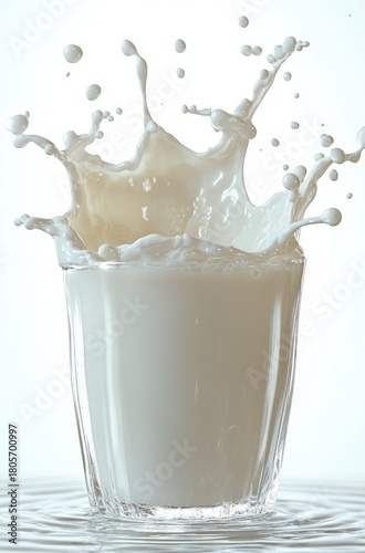 Clear glass of milk with dramatic crown splash and suspended droplets over a reflective surface, bright white background, capturing fresh energetic motion and creamy texture
