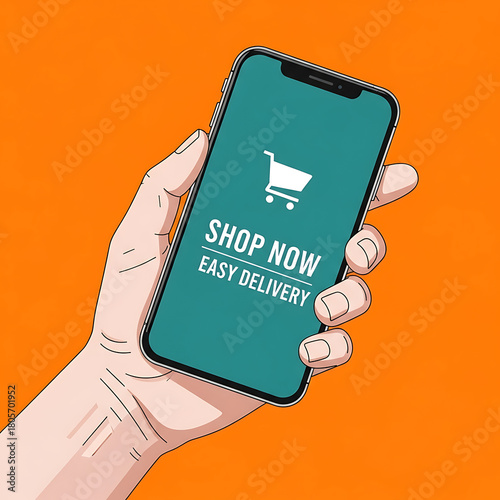 Hand holding smartphone with shopping cart and easy delivery text, cyber monday, cyber monday shoping,