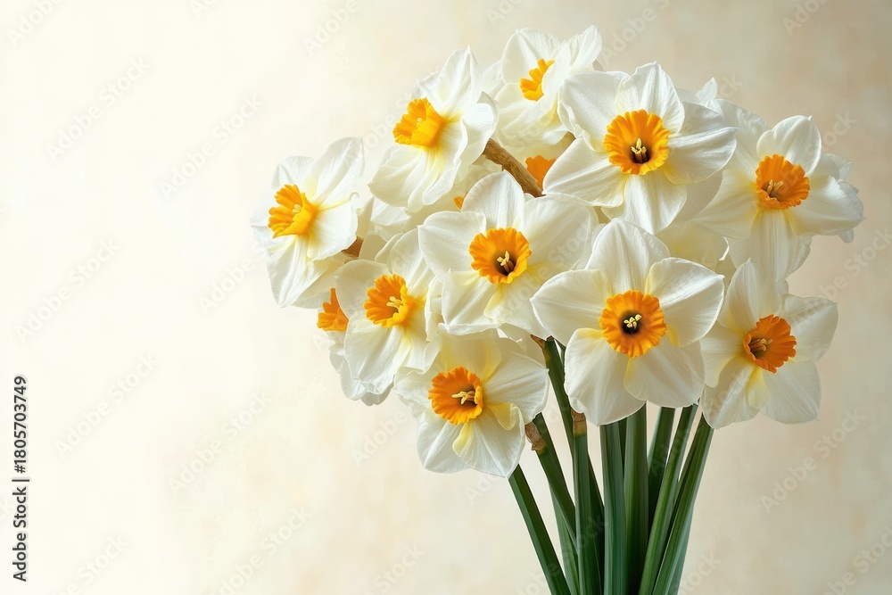 Fototapeta premium Bright bouquet of white daffodils with vivid orange-yellow centers and long green stems against a soft pale background, evoking a fresh cheerful spring mood