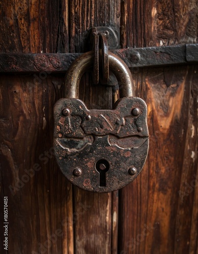 A weathered padlock hangs on aged, vertical wooden door, emphasizing age and security