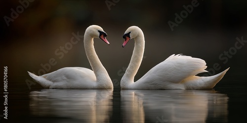 Fototapeta Naklejka Na Ścianę i Meble -  Elegant swans swimming gracefully together in serene waters, showcasing beauty and tranquility in a romantic setting ideal for nature lovers and wildlife enthusiasts