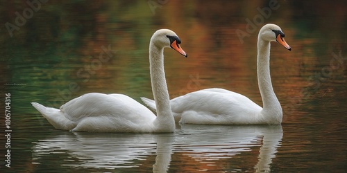 Fototapeta Naklejka Na Ścianę i Meble -  Elegant swans swimming gracefully together in serene waters, showcasing beauty and tranquility in a romantic setting ideal for nature lovers and wildlife enthusiasts