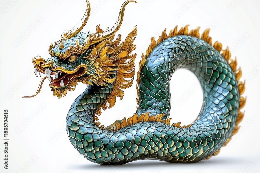 Obraz premium Coiled blue-green scaled dragon sculpture with golden mane and horns, snarling open mouth showing fangs and tongue, ornate majestic and fierce decorative creature on white background