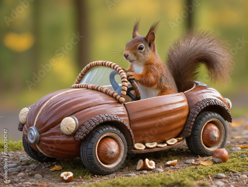 squirrel in the park driving a walnut car