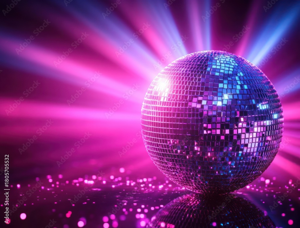 Obraz premium Sparkling mirrored disco ball on reflective floor with radiant pink and blue light beams and scattered glitter, evoking a vibrant energetic party atmosphere