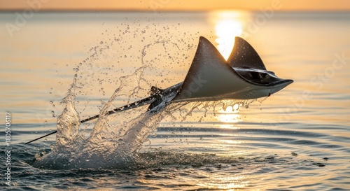 Majestic stingray leaps from the water during golden sunset creating stunning splash showcasing