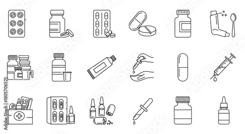 A comprehensive line art icon set of various pharmaceuticals and medical equipment for healthcare and treatment concepts