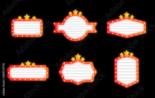 Illustration of different shapes marquee sign and frame with star and lights decoration on the dark background. Great design element for any use.