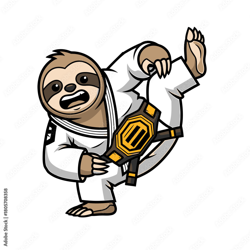 Naklejka premium Cartoon Sloth in Gi with Championship Belt Performing a High Kick