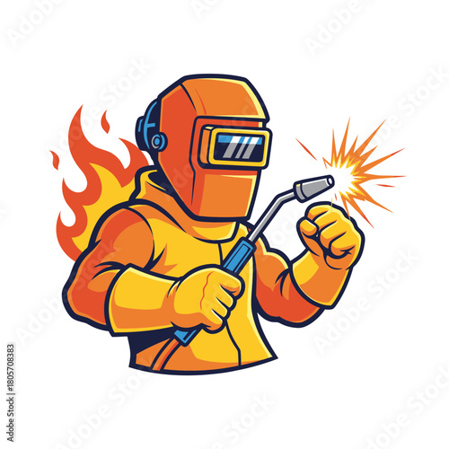 Cartoon Welder in Orange Protective Gear with Welding Torch and Fiery Sparks