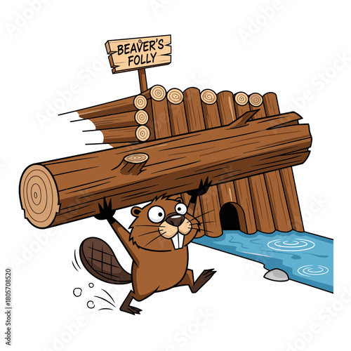 Energetic Beaver Carrying Log Towards Beavers Folly Dam Construction