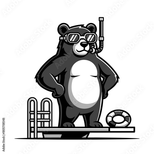 Monochrome Bear Mascot with Snorkel Gear on Diving Board with Lifebuoy