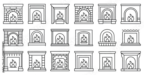 Cozy fireplace graphic showing warm winter ambience, decorative home elements, soft glowing flames and charming vector details suitable for seasonal artwork and interior themed designs.