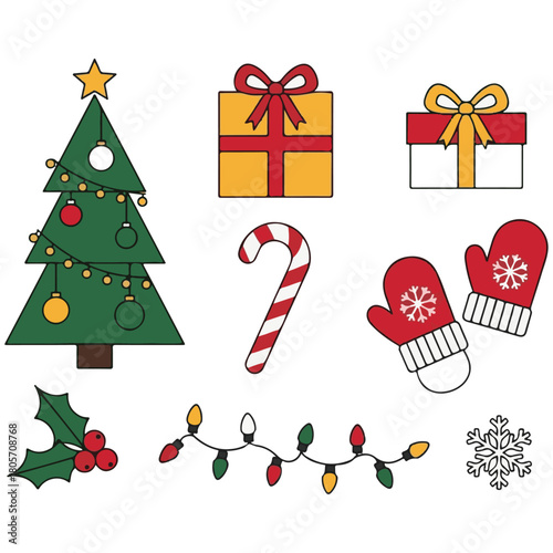 Vibrant Christmas Holiday Icons Vector Set: Candy Cane, Jingle Bell, String Lights, Pine Tree, Snowflakes, Gift Box, and Stocking Seasonal Elements for Design and Decor