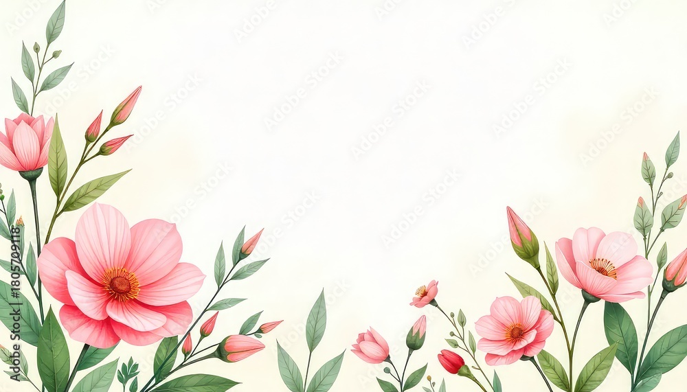 Naklejka premium Watercolor floral arrangement with pink flowers buds and green leaves on a cream colored background