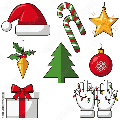 Vibrant Christmas Holiday Icons Vector Set: Candy Cane, Jingle Bell, String Lights, Pine Tree, Snowflakes, Gift Box, and Stocking Seasonal Elements for Design and Decor