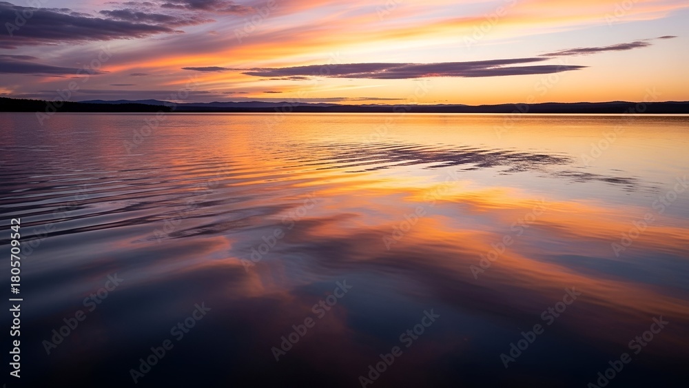Obraz premium Sunset Over Calm Water with Colorful Sky Reflections in Tranquil Natural Landscape