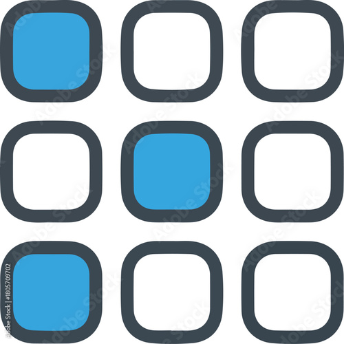 Vector grid of nine rounded squares featuring three blue and six white elements for app menu interface