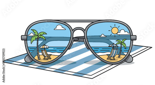 Retro Beach Vacation View Reflected in Stylish Sunglasses on a Sunny Towel