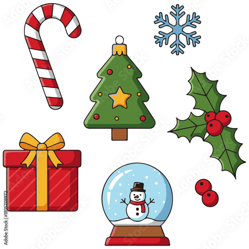 Vibrant Christmas Holiday Icons Vector Set: Candy Cane, Jingle Bell, String Lights, Pine Tree, Snowflakes, Gift Box, and Stocking Seasonal Elements for Design and Decor