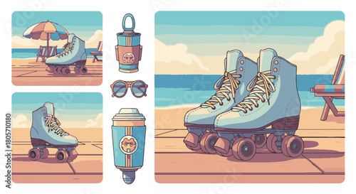 Nostalgic Retro Beach vibes with pixel art roller skates and summer accessories
