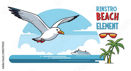 Vibrant Retro Beach Scene Illustration Flying Seagull, Palm Trees, and Ocean Cruise