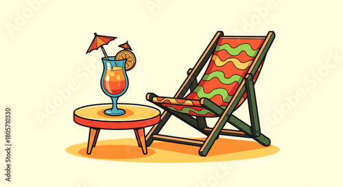 Relaxing Retro Beach Scene with Classic Striped Deck Chair and Tropical Cocktail
