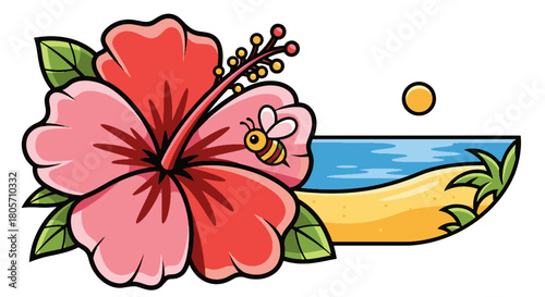 Vibrant Retro Beach Scene with Tropical Hibiscus Flower and Buzzing Bee