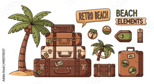 Retro Beach Vacation Elements Collection Classic Travel Luggage and Tropical Palms