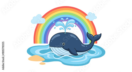Charming Retro Beach Whale Spouting Joyful Water Under a Colorful Rainbow Arc