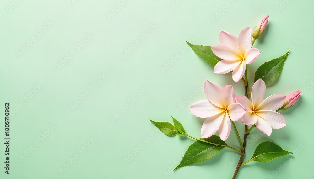 Fototapeta premium Close up of frangipani flowers with green leaves and pink buds on a light green background surface