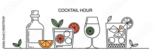 Cocktail hand-sketched drink illustration with ink style glassware, classic mixed beverages and artistic doodle details ideal for party menus, wedding prints and festive graphic projects.
